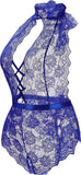 Plus Size Lingerie for Women Sexy Halter Teddy Bodysuit Lace Deep V One Piece Chemise Clubwear Blue,Xxl