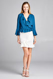 Ladies fashion 3/4 bell sleeve wrap w/ruffle side tie closure flare bottom wool dobby woven top - Presidential Brand (R)