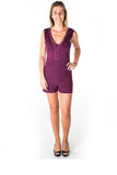 Ladies fashion casual lace up v neck knit romper shorts - Presidential Brand (R)