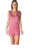Ladies fashion casual lace up v neck knit romper shorts - Presidential Brand (R)
