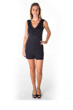 Ladies fashion casual lace up v neck knit romper shorts - Presidential Brand (R)