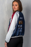 Ladies fashion navy "brunch" embroidered bomber color-block jacket - Presidential Brand (R)