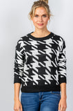 Ladies fashion round neckline geo print color block knit sweater - Presidential Brand (R)