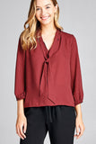 Ladies fashion 3/4 sleeve self bow tie neck back keyhole dot print woven top - Presidential Brand (R)
