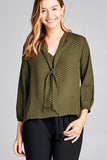 Ladies fashion 3/4 sleeve self bow tie neck back keyhole dot print woven top - Presidential Brand (R)