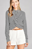 Ladies fashion long sleeve front knot w/button stripe rayon challis woven top - Presidential Brand (R)