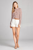 Ladies fashion long sleeve front knot w/button stripe rayon challis woven top - Presidential Brand (R)