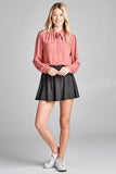 Ladies fashion long sleeve v-neck w/self tie detail wool dobby woven top - Presidential Brand (R)