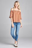 Ladies fashion plus size short sleeve open shoulder w/lace trim sub gauze woven top - Presidential Brand (R)