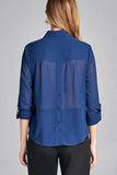 Ladies fashion plus size long sleeve front pocket chiffon blouse w/black button detail - Presidential Brand (R)