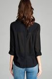 Ladies fashion plus size long sleeve front pocket chiffon blouse w/black button detail - Presidential Brand (R)