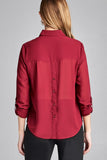 Ladies fashion plus size long sleeve front pocket chiffon blouse w/black button detail - Presidential Brand (R)