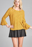 Ladies fashion 3/4 w/bell sleeve round neck dot print crepe woven top - Presidential Brand (R)