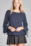 Ladies fashion 3/4 w/bell sleeve round neck dot print crepe woven top - Presidential Brand (R)