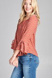 Ladies fashion 3/4 w/bell sleeve round neck dot print crepe woven top - Presidential Brand (R)