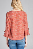 Ladies fashion 3/4 w/bell sleeve round neck dot print crepe woven top - Presidential Brand (R)