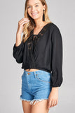 Plus Size Ladies fashion 3/4 Sleeve Crochet lace Trim W / lace Up Crinkle Gauze Woven Top - Presidential Brand (R)