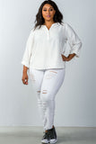 Ladies fashion plus size  oatmeal stand-up collar roll tab sleeve blouse - Presidential Brand (R)