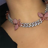 Pink Cuban Link Butterfly Choker Necklace Chain Crystal Rhinestone Chokers Necklaces for Women Gold Collar Wholesale - Presidential Brand (R)